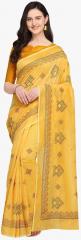 Kvsfab Yellow Cotton Blend Embroidered Saree women
