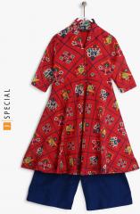 Sangria Kids V Neck Patola Print Anarkali With 3/4th Sleeves With Palazzo girls