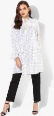 Sangria Mandarin Collar 3/4Th Sleeves Printed Dobby Tunic With Tie Up Detail women