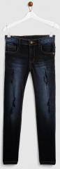 Yk Navy Blue Regular Fit Mid Rise Mildly Distressed Stretchable Jeans girls