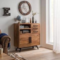 G Fine Furniture Wooden Sideboard for Living Room & Kitchen | 3 Drawer, 2 Cabinet & 2 Shelf Storage with Iron Stand | Acacia Wood, Natural Brown Solid Wood Free Standing Sideboard