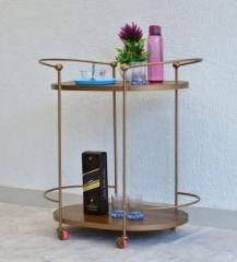 Samdecors Solid Wood Gail Multipurpose Bar Trolley with Wheels with Two Shelves in Natural Brown Finish and Iron Frame in Golden Finish Solid Wood Bar Trolley