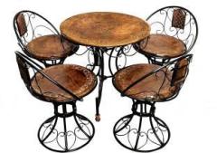 Smarts Collection Wood & Wrought Iron Decorative Mooda Chairs with Foldable Round Table Metal 4 Seater Dining Set