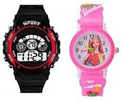 Emartos Digital Kids Watch Series Digital Unisex Child Watch Red Dial, Black & Pink Colored Strap Pack of 2