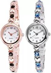 Goldenize fashion Branded Rose Gold and Silver Round Diamond Dial Unisex Analog Stylish Gift Wrist Watches for Women Girls Combo Pack of 2 Watches