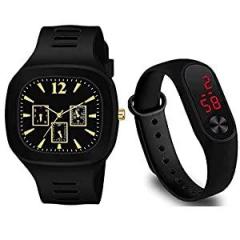 Goldenize fashion Square Analog and New Kids Digital Date and Time Black Dial LED Watch for Stylish Kids Unisex Birthday Gift Digital Watch for Boys & Men | Pack of 2