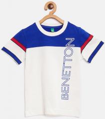 United Colors Of Benetton Off White & Blue Colourblocked Round Neck T Shirt boys