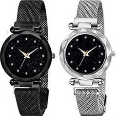 Black and Silver Color 12 Point with Trending Magnetic Analogue Metal Strap Watches for Girl's and Women's Pack of 2 DM 200 220