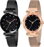 Black Round Diamond Dial with Latest Generation Purple & Rosegold Magnet Belt Analogue Watch for Women Pack of 2 DM PURPLE ROSEGOLD05
