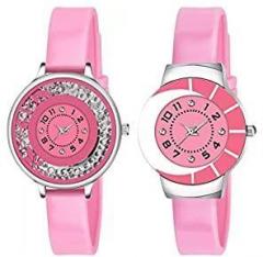 Goldenize fashion Branded Pink Round Diamond Dial Quartz Unisex Watch for Girl's & Women's Wrist Watches Combo Pack of 2