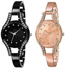 Goldenize fashion Branded Rose Gold and Black Multicolour Analogue Diamond Dial Stylish Birthday Unisex Gift for Ladies Girls and Women Watches Combo Pack of 2