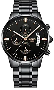 Men's Chronograph Quartz Watches Waterproof with Stainless Steel Band Black Dial