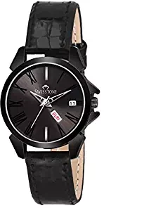 SWISSTONE BK345 Black Black Leather Strap Wrist Watch for Women