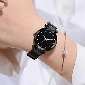 Black Round Diamond Dial with Latest Generation Magnet Belt Analogue Watch for Women Pack of 1